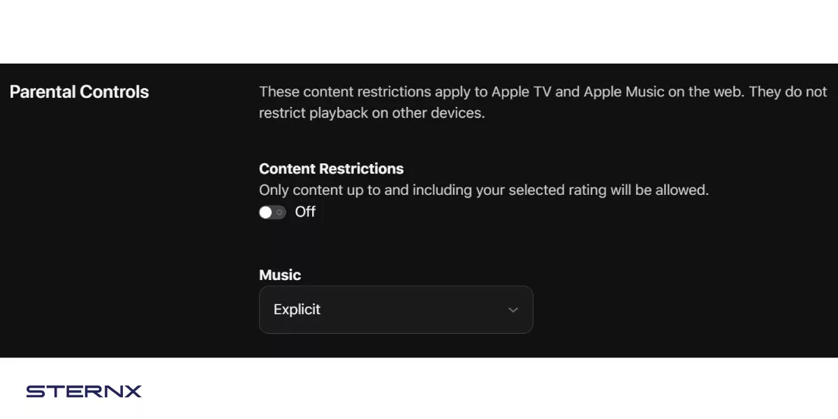 لقطة شاشة لقسم "الرقابة الأبوية" في حساب Apple Music