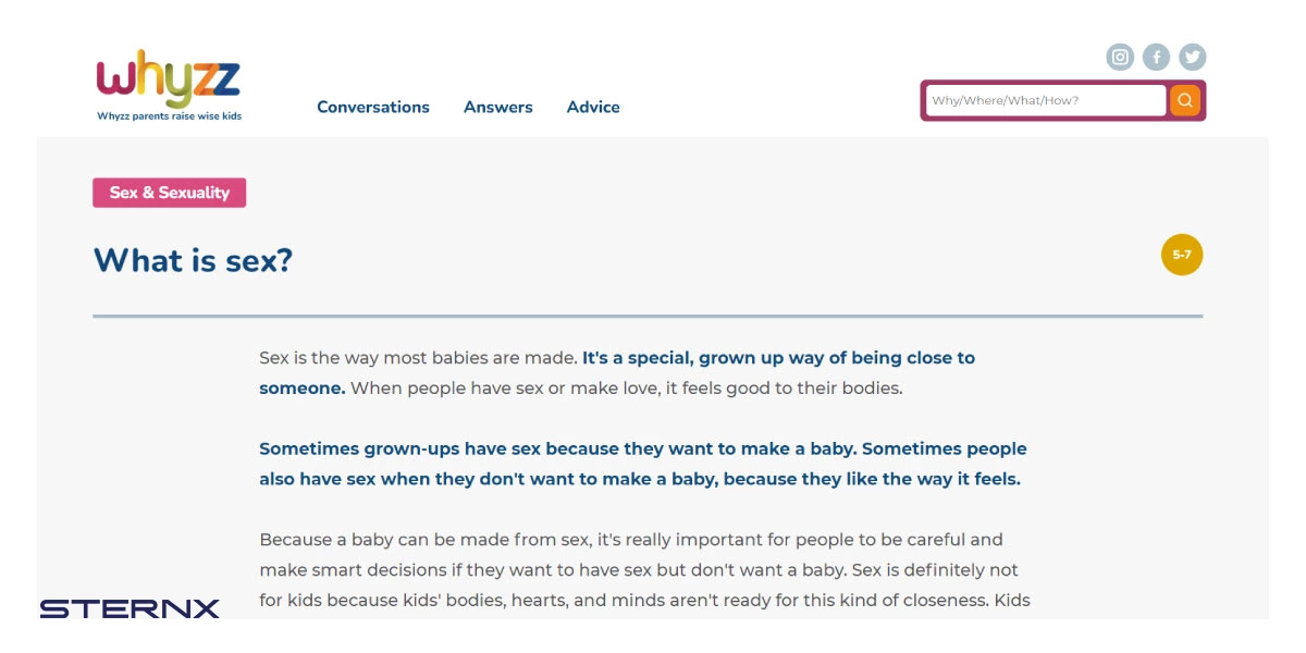 لقطة شاشة من موقع Whyzz ، وهو مورد تقني للتربية الجنسية