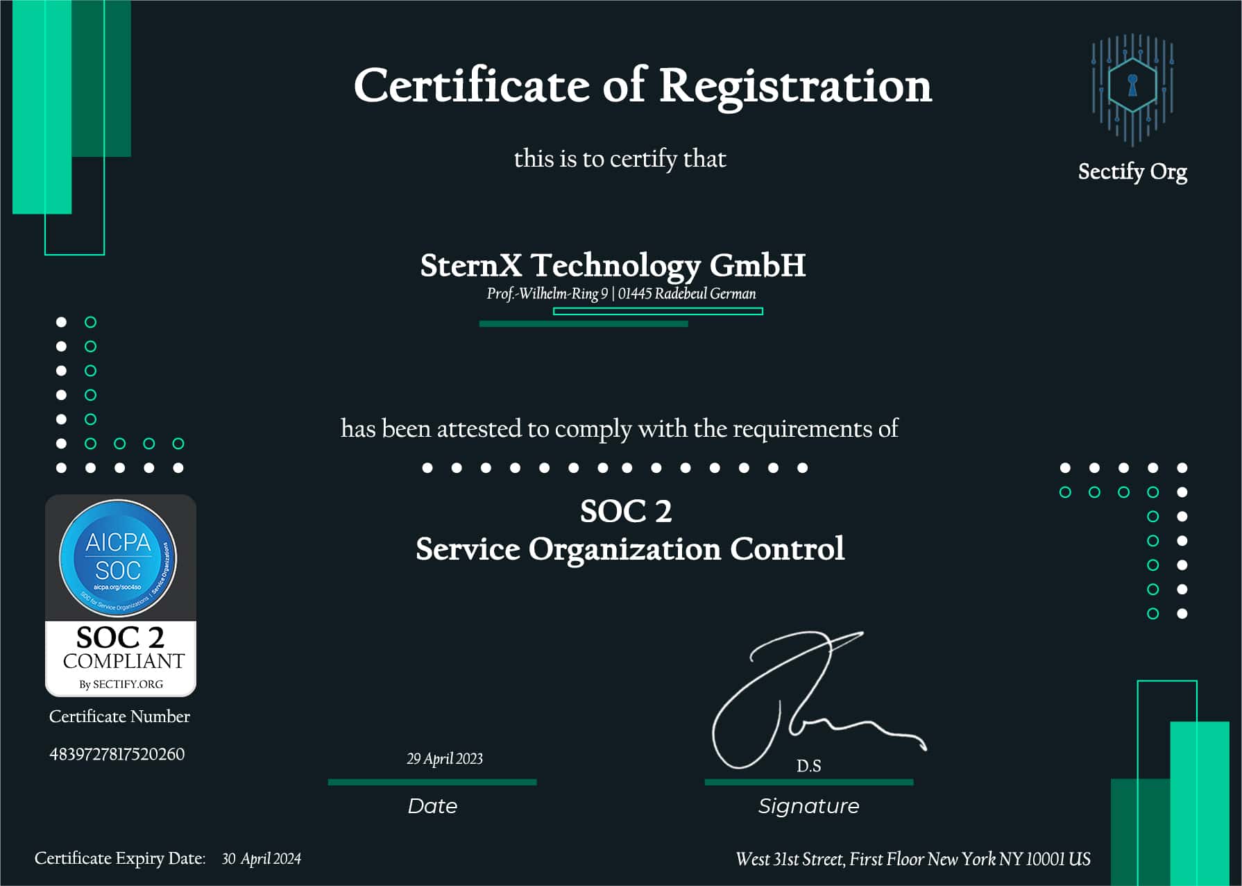 AICPA SOC 2 Compliance SternX Technology certificate