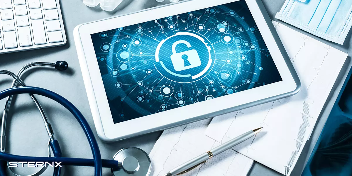 Healthcare cybersecurity image with lock icon protecting network inventory